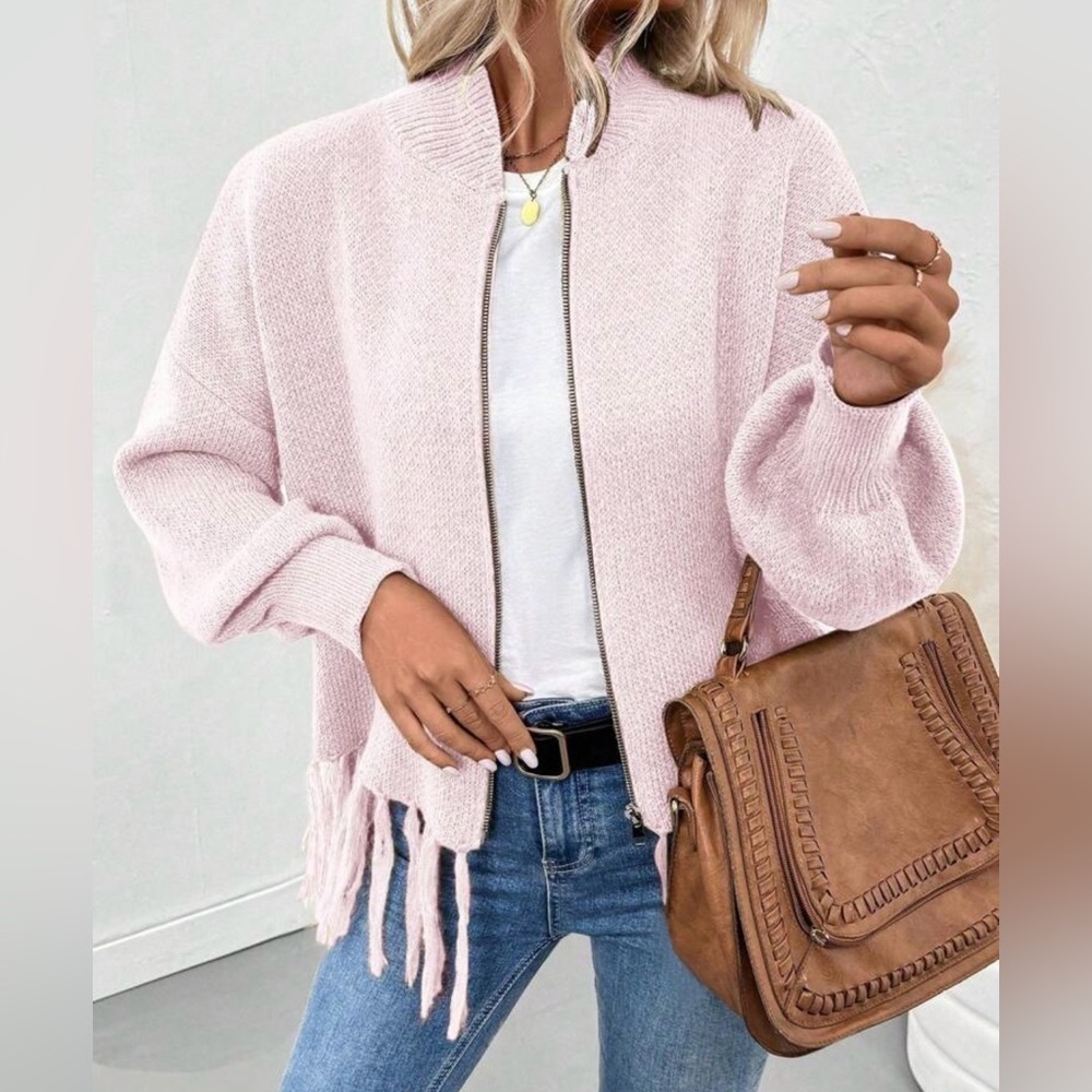 Pink Women's Sweater with Fringe Detail